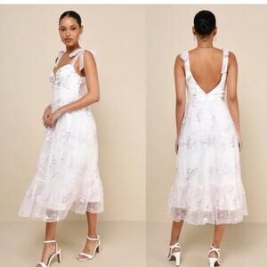 Lulu's Dress Womens Large White Gold Embroidered Tiered Midi Formal Cocktail